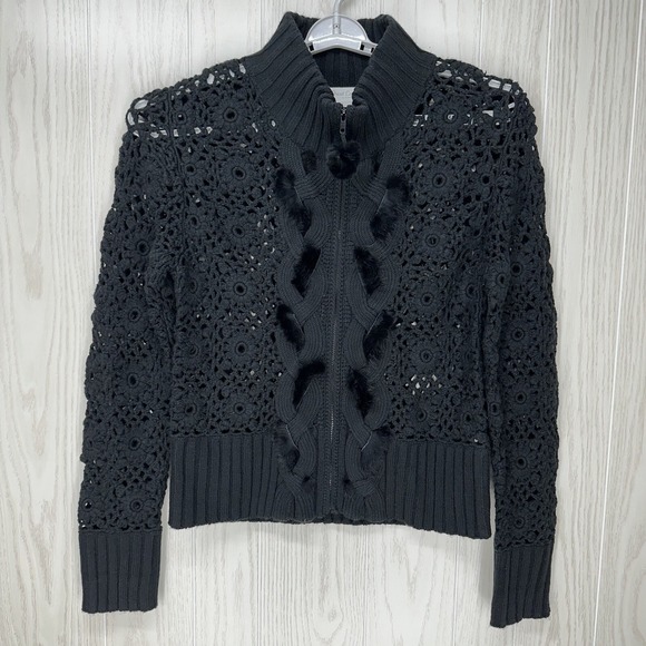 Great Cavalier by St Paul Sweaters - Great Cavalier by St Paul Cardigan Women Large Black Crochet Full Zip Fur Detail